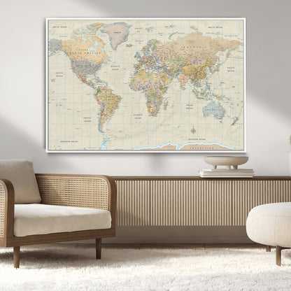 41929777-MGV-CV-36X24-World Map Wall Art – Large Detailed Political Atlas Style Map Print with Countries, Cities, and Oceans, Warm Earth Tone