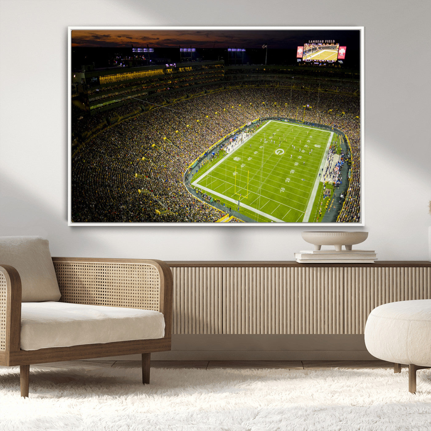 23655234-MGV-CV-36X24-Lambeau Field Stadium Wall Art – American Football Night Game Canvas Print with Packed Crowd and Lights – Sports Decor for Man