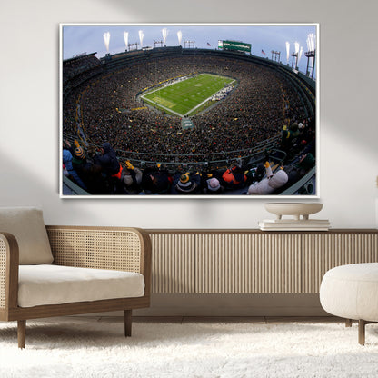 14387817-MGV-CV-36X24-Lambeau Field Stadium Wall Art – Green Bay Packers Game Day Canvas Print with Fireworks and Crowd – NFL Football Fan Man Cave