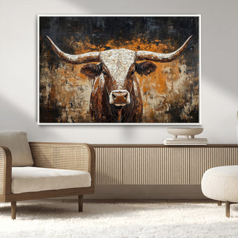 25265572-MGV-CV-36X24-Longhorn Bull Wall Art – Rustic Western Texas Steer Canvas Print, Textured Animal Painting for Home, Office, Man Cave or Farmhouse