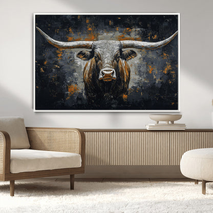 93195031-MGV-CV-36X24-Dark Longhorn Bull Wall Art – Western Steer Canvas Print, Moody Rustic Animal Painting for Man Cave, Ranch House, Office or Modern