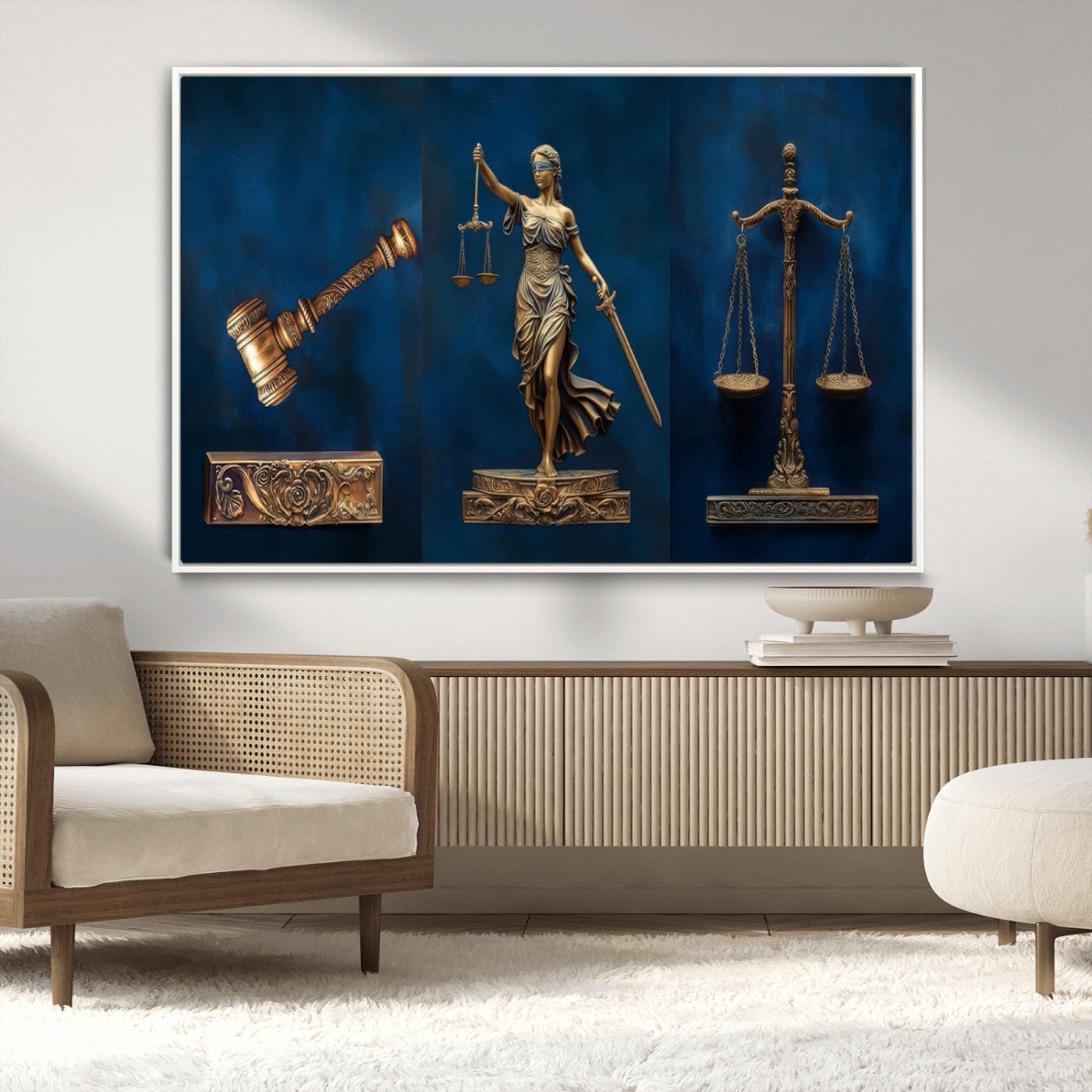 91629053-MGV-CV-36X24-Lady Justice Wall Art – Golden Gavel and Scales Canvas Print, Elegant Legal Office Decor for Lawyers, Judges, Courtroom or Study