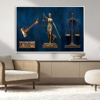 91629053-MGV-CV-36X24-Lady Justice Wall Art – Golden Gavel and Scales Canvas Print, Elegant Legal Office Decor for Lawyers, Judges, Courtroom or Study