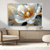 39604126-MGV-CV-36X24-Abstract Flower Wall Art – Elegant White and Gold Bloom Canvas Print, Modern Floral Artwork for Bedroom, Living Room, or Office