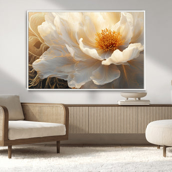 29539087-MGV-CV-36X24-Floral Wall Art – Elegant White and Gold Bloom Canvas Print, Romantic Modern Flower Artwork for Bedroom, Living Room, or Office