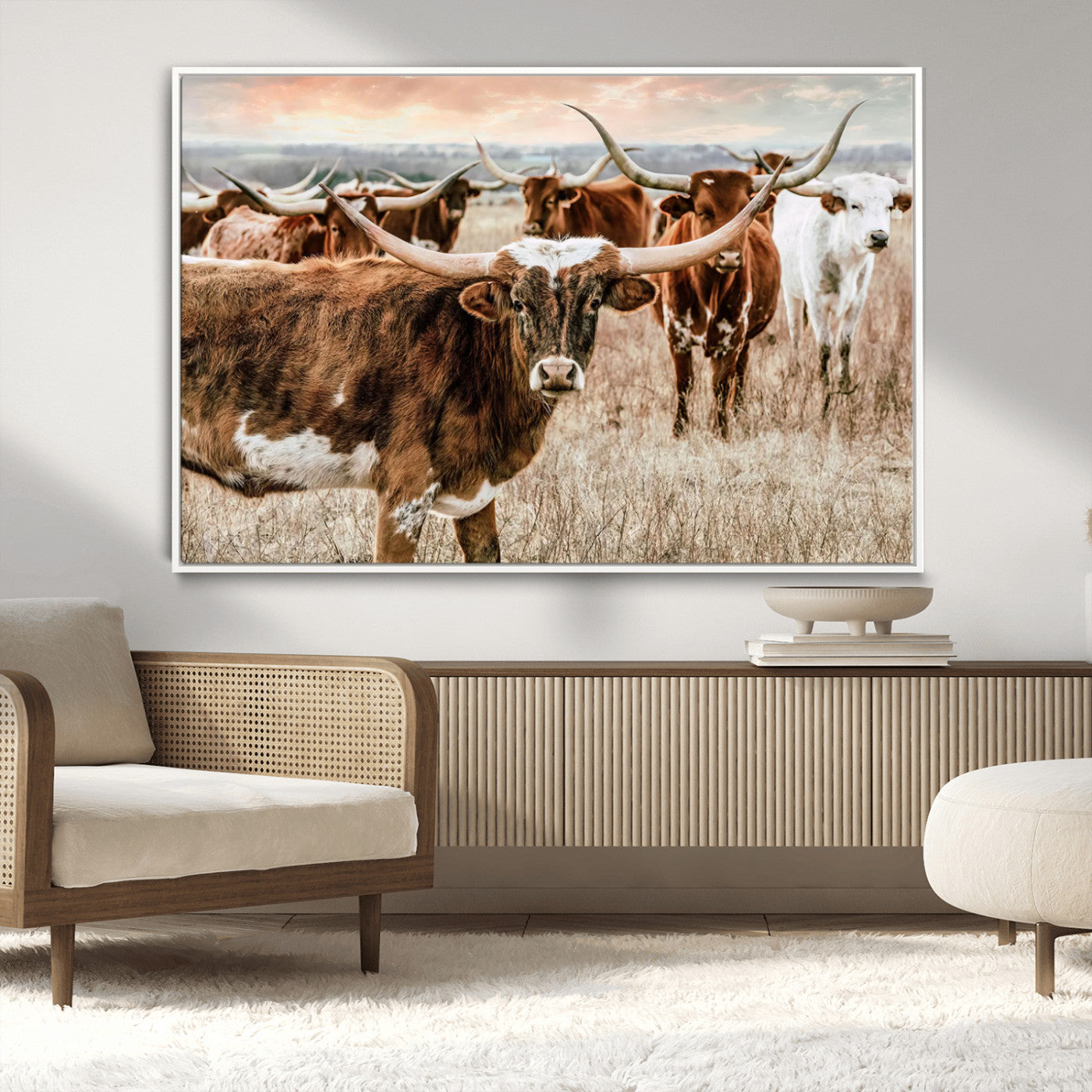 47758300-MGV-CV-36X24-Texas Longhorn Cattle Wall Art – Rustic Western Herd Canvas Print, Cowboy Ranch Farmhouse Decor for Living Room, Office, or