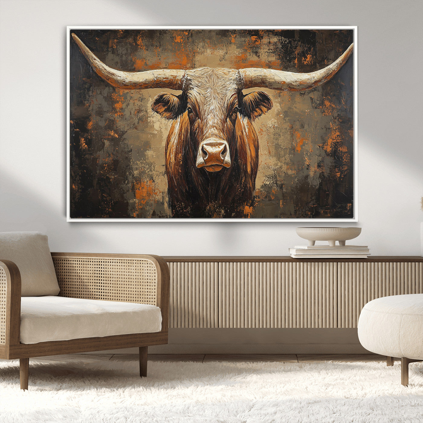 19204445-MGV-CV-36X24-Texas Longhorn Bull Wall Art – Rustic Western Canvas Print, Bold Cowboy Cattle Painting for Ranch House, Farmhouse, Office, or