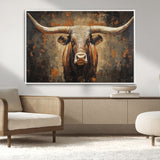 19204445-MGV-CV-36X24-Texas Longhorn Bull Wall Art – Rustic Western Canvas Print, Bold Cowboy Cattle Painting for Ranch House, Farmhouse, Office, or