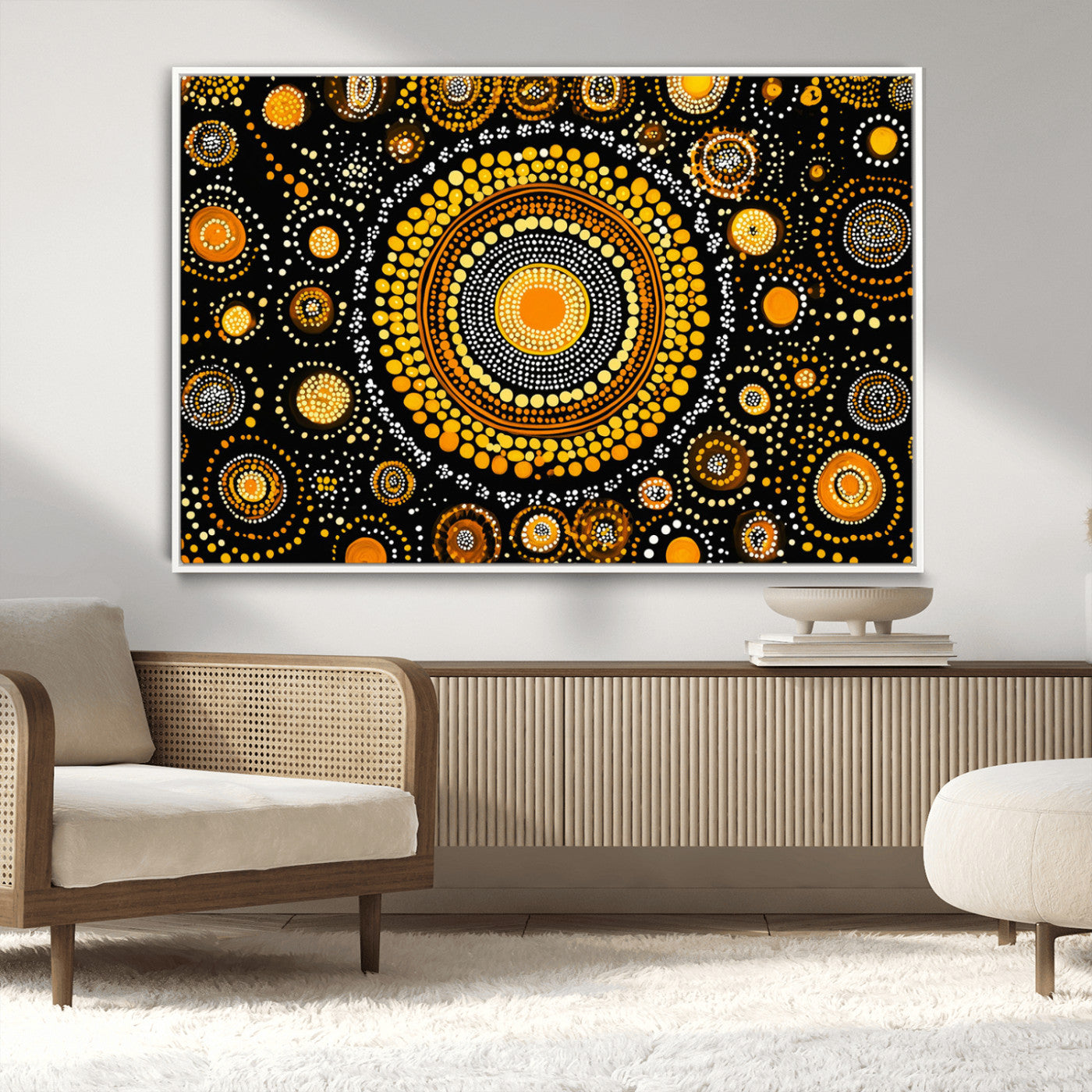 45478523-MGV-CV-36X24-Abstract Circle Wall Art – Bold Black and Gold Dot Painting Canvas Print, Modern Geometric Mandala Style Decor for Living Room or