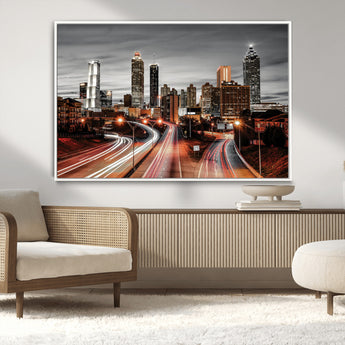 59097239-MGV-CV-36X24-City Skyline Wall Art – Modern Black and White Night Canvas Print with Red Light Trails, Urban Landscape Decor for Living Room or
