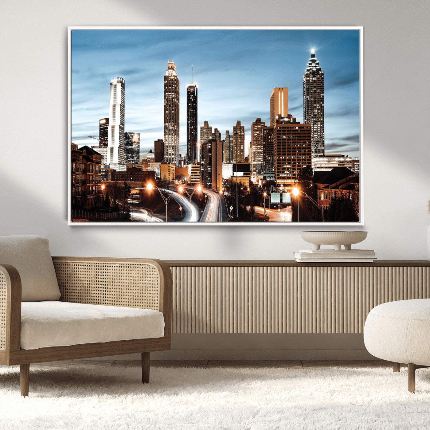 23859158-MGV-CV-36X24-Atlanta Skyline Wall Art – Modern Cityscape Canvas Print with Night Lights and Traffic Trails, Urban Decor for Office, Apartment,
