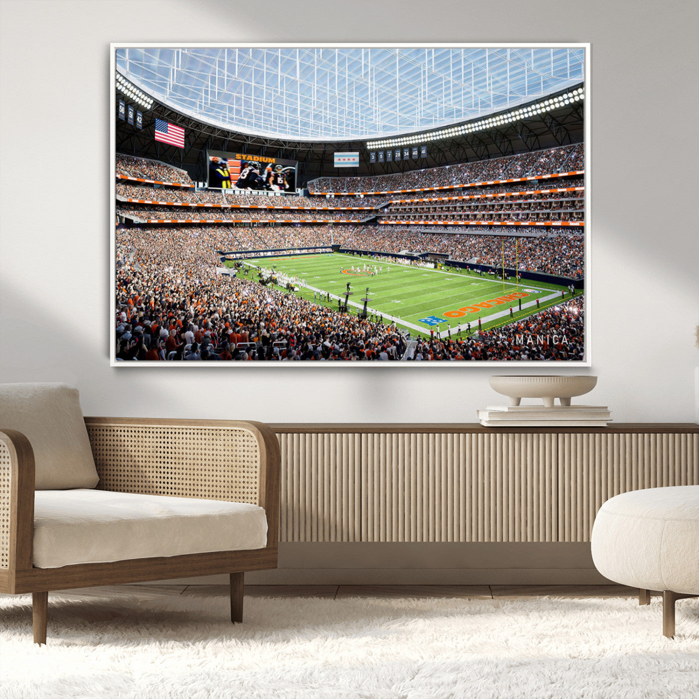 32530647-MGV-CV-36X24-Chicago Bears Stadium Wall Art – Futuristic Dome Arena Canvas Print, Modern Football Concept Design Decor for Man Cave, Bar, or