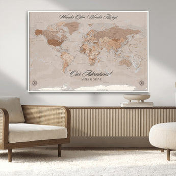 95243244-MGV-CV-36X24-Wander Often Wonder Always World Map Wall Art – Neutral Beige Adventure Canvas Print, Rustic Boho Travel Decor for Bedroom, Living