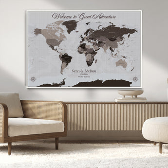 43749658-MGV-CV-36X24-Welcome to Great Adventure World Map Wall Art – Charcoal Gray Canvas Print, Rustic Travel Decor for Living Room, Study, Office or