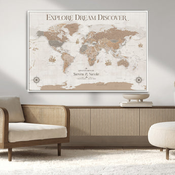 63516865-MGV-CV-36X24-Explore Dream Discover World Map Wall Art – Inspirational Travel Adventure Canvas Print, Neutral Parchment Style Explorer Decor