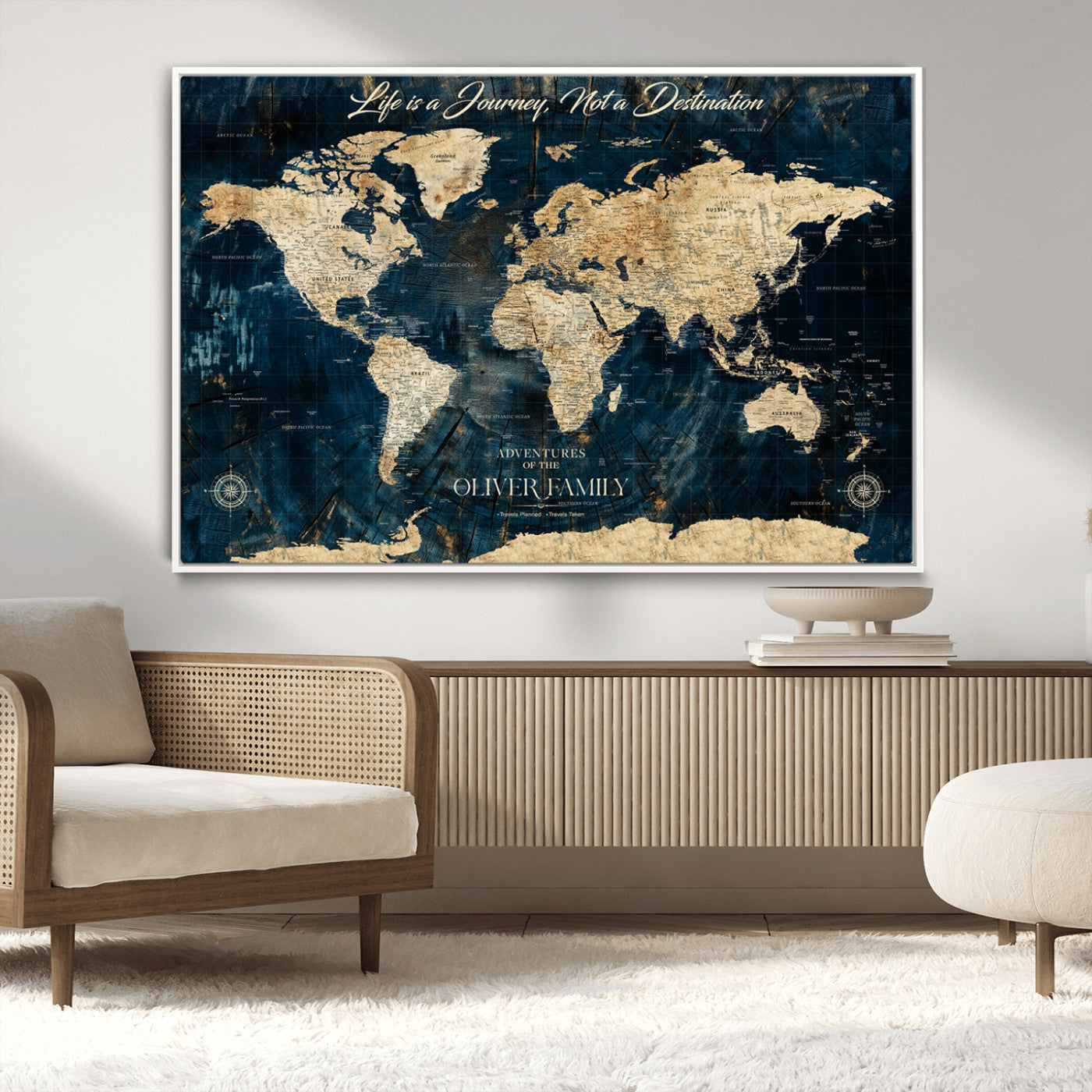 36970886-MGV-CV-36X24-Life is a Journey Not a Destination World Map Rustic Navy Beige Vintage Travel Wall Art Adventure Quote Canvas Print for Home