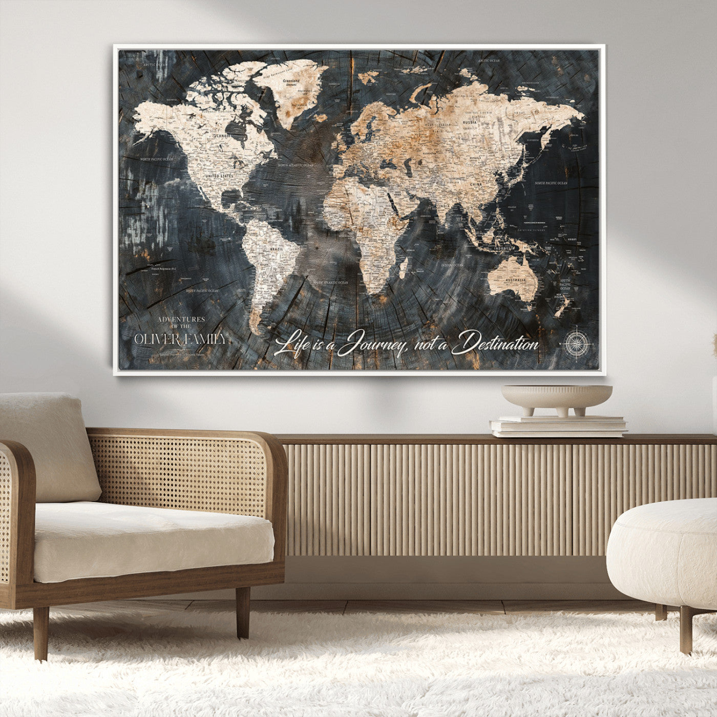 37848568-MGV-CV-36X24-Life is a Journey Not a Destination World Map Rustic Wood Texture Vintage Beige Navy Adventure Wall Art Canvas Print for Home