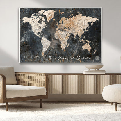 37848568-MGV-CV-36X24-Life is a Journey Not a Destination World Map Rustic Wood Texture Vintage Beige Navy Adventure Wall Art Canvas Print for Home