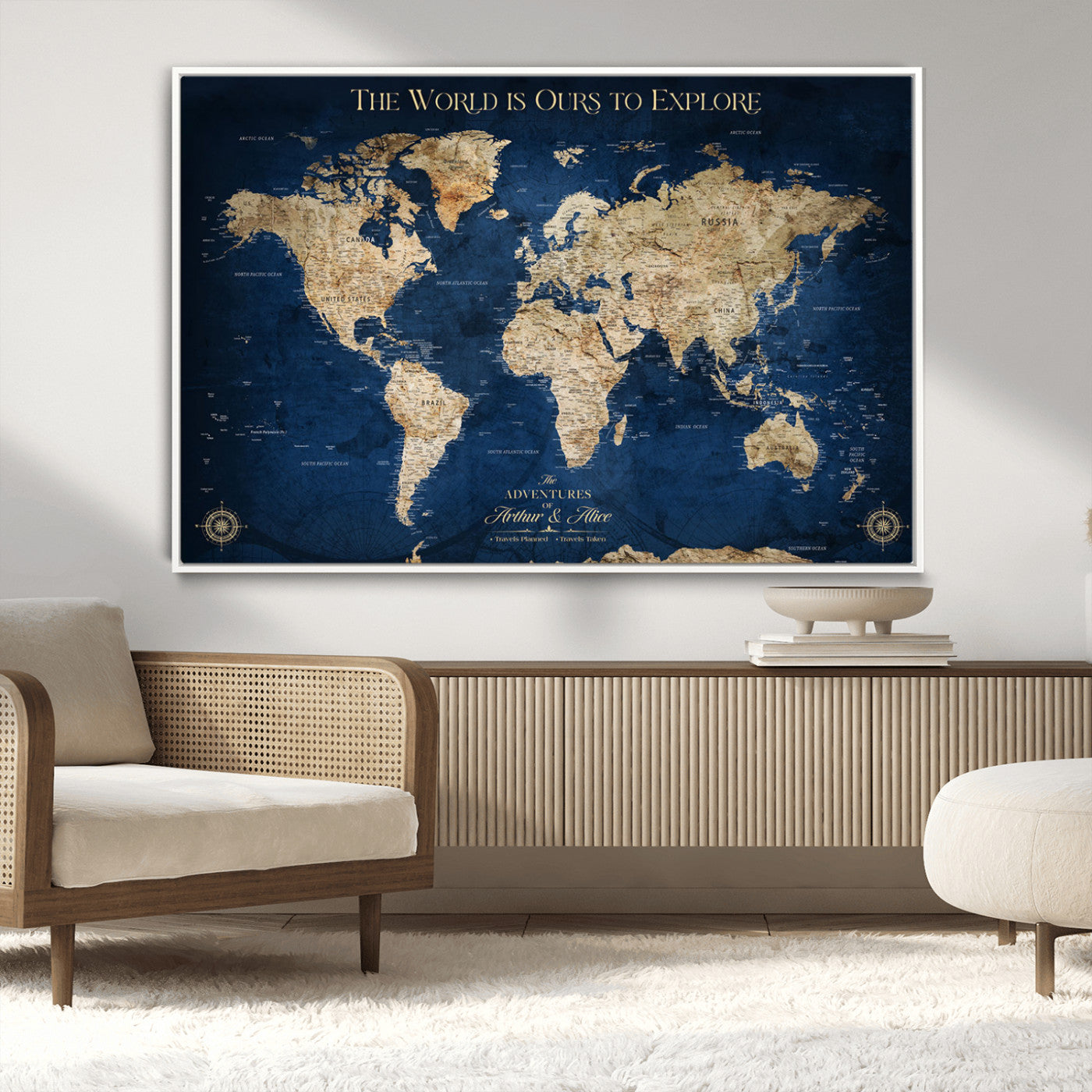 54782997-MGV-CV-36X24-The World is Ours to Explore Wall Art – Blue World Map Canvas Print, Adventure Travel Decor for Home, Office or Living Room,