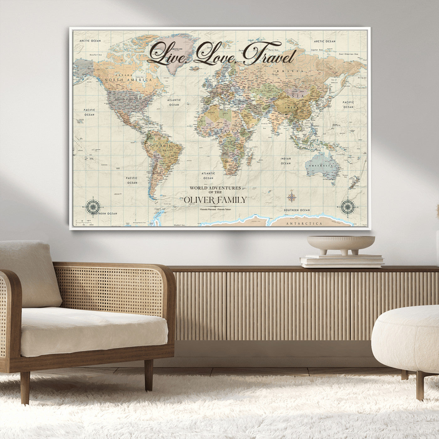 19479008-MGV-CV-36X24-Live Love Travel Wall Art – Detailed World Map Canvas Print, Adventure Decor for Living Room, Office or Bedroom, Travel Gift for