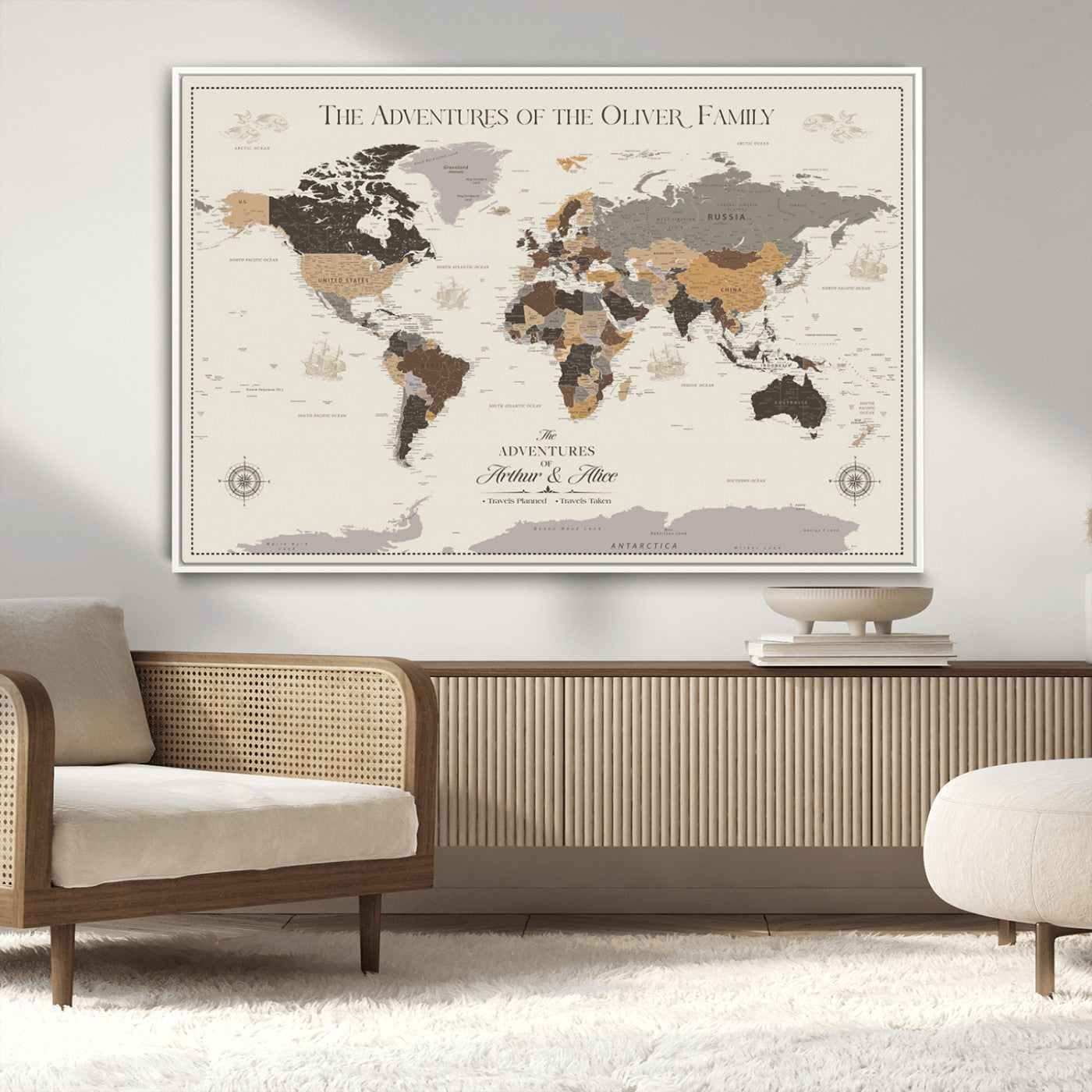 38723540-MGV-CV-36X24-Adventures of the Oliver Family Wall Art – Earth Tone World Map Canvas Print, Minimalist Travel Decor for Living Room, Bedroom or