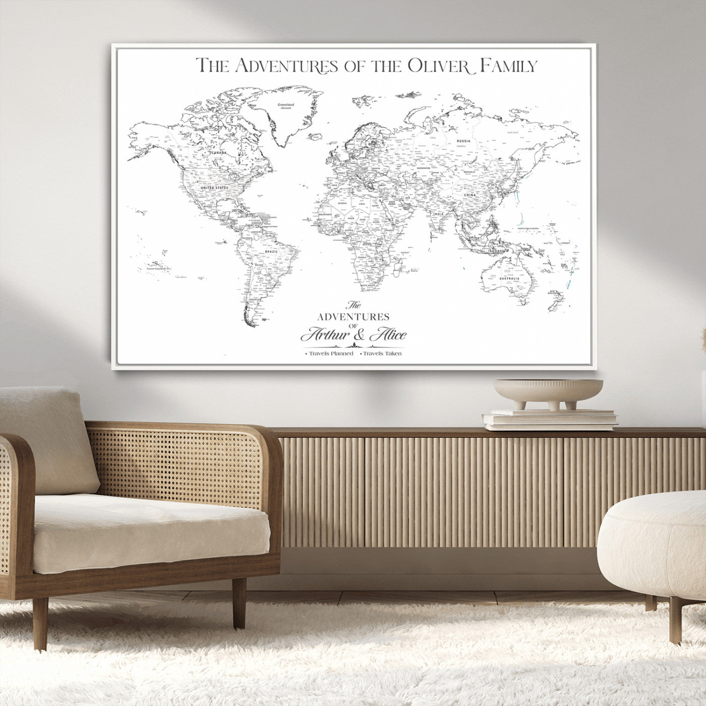 21029247-MGV-CV-36X24-Minimalist World Map Wall Art – Black and White Travel Adventure Print, Modern Family Travel Map Decor for Living Room, Bedroom,