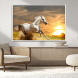 44295212-MGV-CV-36X24-Horse Wall Art – Running White Stallion Canvas Print with Sunset Background, Western Wildlife Decor for Living Room, Office, or