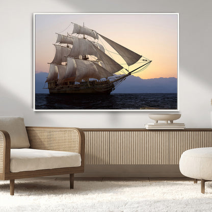31270610-MGV-CV-36X24-Sailing Ship Wall Art – Sunset Seascape Canvas Print with Tall Ship at Sea, Nautical Ocean Decor for Living Room, Office, or