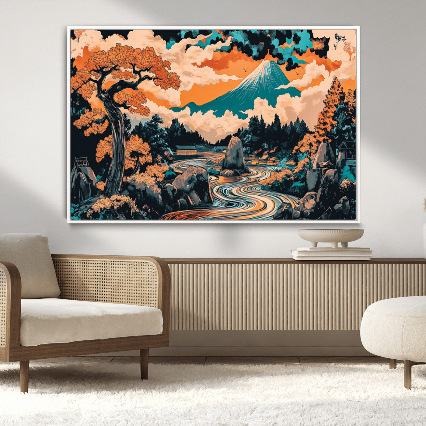21638941-MGV-CV-36X24-Japanese Landscape Wall Art – Mount Fuji and Flowing River Ukiyo-e Style Canvas Print, Traditional Japan Inspired Artwork for