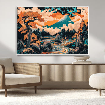 21638941-MGV-CV-36X24-Japanese Landscape Wall Art – Mount Fuji and Flowing River Ukiyo-e Style Canvas Print, Traditional Japan Inspired Artwork for