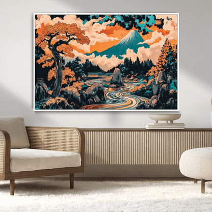 21638941-MGV-CV-36X24-Japanese Landscape Wall Art – Mount Fuji and Flowing River Ukiyo-e Style Canvas Print, Traditional Japan Inspired Artwork for