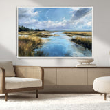 87082041-MGV-FC-36X24_White-Painted Marshland Canvas Wall Art – Serene Water Reflection, Blue Sky, Golden Grass Landscape, Calm Nature Decor for Home, Office,