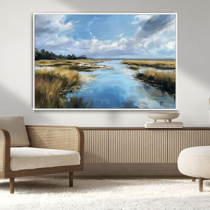 87082041-MGV-FC-36X24_White-Painted Marshland Canvas Wall Art – Serene Water Reflection, Blue Sky, Golden Grass Landscape, Calm Nature Decor for Home, Office,