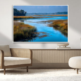 26300004-MGV-CV-36X24-Marshland Landscape Wall Art – Scenic Nature Canvas Print with Golden Grass and Blue Water, Peaceful River Photography for Living