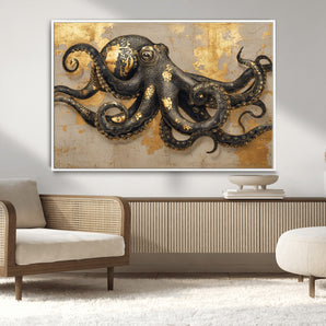 57944271-MGV-FC-36X24_White-Octopus Canvas Wall Art – Black & Gold Textured Tentacles, Marine Life Ocean Creature, Nautical Decor, Artistic Vintage Style for