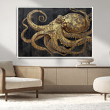 47056538-MGV-FC-36X24_White-Octopus Canvas Wall Art – Gold Detail, Wooden Texture, Marine Life, Ocean Creature Tentacles, Nautical Coastal Rustic Decor for