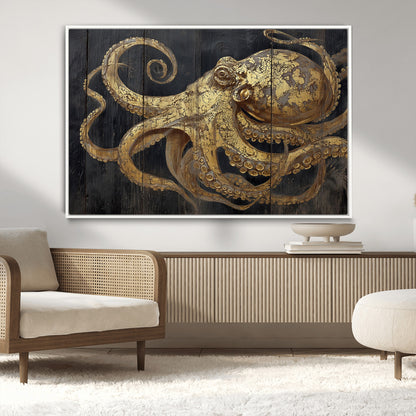 47056538-MGV-CV-36X24-Octopus Wall Art – Gold Nautical Canvas Print with Rustic Wood Texture, Marine Creature Artwork for Coastal Ocean Decoration in