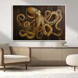 56769669-MGV-CV-36X24-Octopus Wall Art – Gold Nautical Canvas Print with Rustic Wood Panel Design, Detailed Marine Artwork for Coastal Ocean Decoration