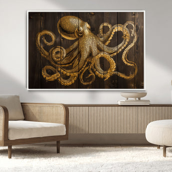 56769669-MGV-CV-36X24-Octopus Wall Art – Gold Nautical Canvas Print with Rustic Wood Panel Design, Detailed Marine Artwork for Coastal Ocean Decoration