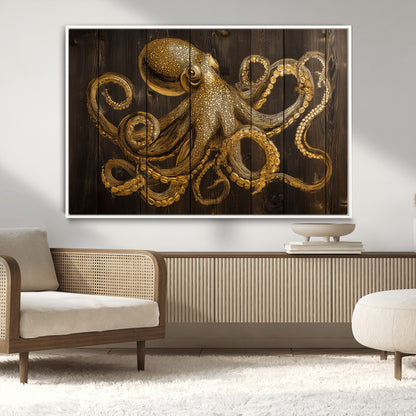 56769669-MGV-CV-36X24-Octopus Wall Art – Gold Nautical Canvas Print with Rustic Wood Panel Design, Detailed Marine Artwork for Coastal Ocean Decoration
