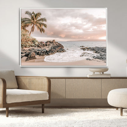 18005328-MGV-FC-36X24_White-Tropical Beach Canvas Wall Art – Palm Tree, Rocky Shoreline, Ocean Waves, Sunset Clouds, Calm Sea, Island Nature Relaxation for