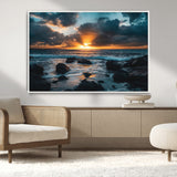 66040852-MGV-FC-36X24_White-Ocean Sunset Canvas Wall Art – Rocky Shore Waves, Dramatic Clouds, Golden Sun Rays, Coastal Nature, Serene Water Reflection for