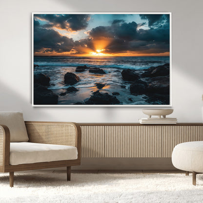 66040852-MGV-FC-36X24_White-Ocean Sunset Canvas Wall Art – Rocky Shore Waves, Dramatic Clouds, Golden Sun Rays, Coastal Nature, Serene Water Reflection for
