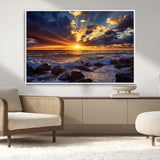 35900590-MGV-FC-36X24_White-Sunset Ocean Waves Canvas Wall Art – Rocky Shore, Dramatic Sky, Golden Sun Rays, Coastal Beauty, Serene Water Motion for Living