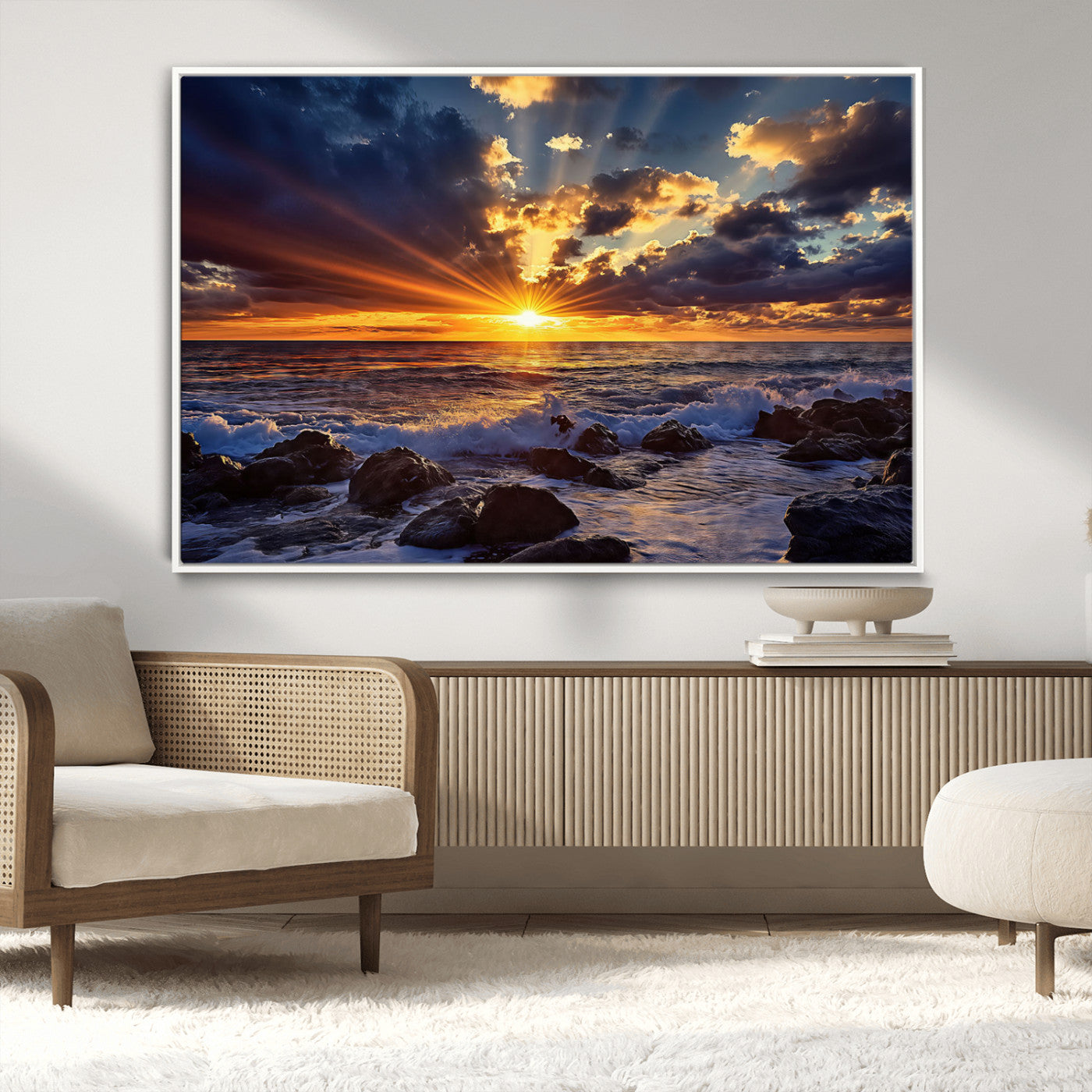 35900590-MGV-CV-36X24-Ocean Sunset Wall Art – Vivid Seascape Canvas Print with Sunburst Sky, Crashing Waves and Rocky Shore, Dramatic Coastal