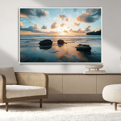 23879436-MGV-CV-36X24-Ocean Sunset Wall Art – Serene Seascape Canvas Print with Golden Sky, Reflections on Sand and Calm Waves, Peaceful Coastal