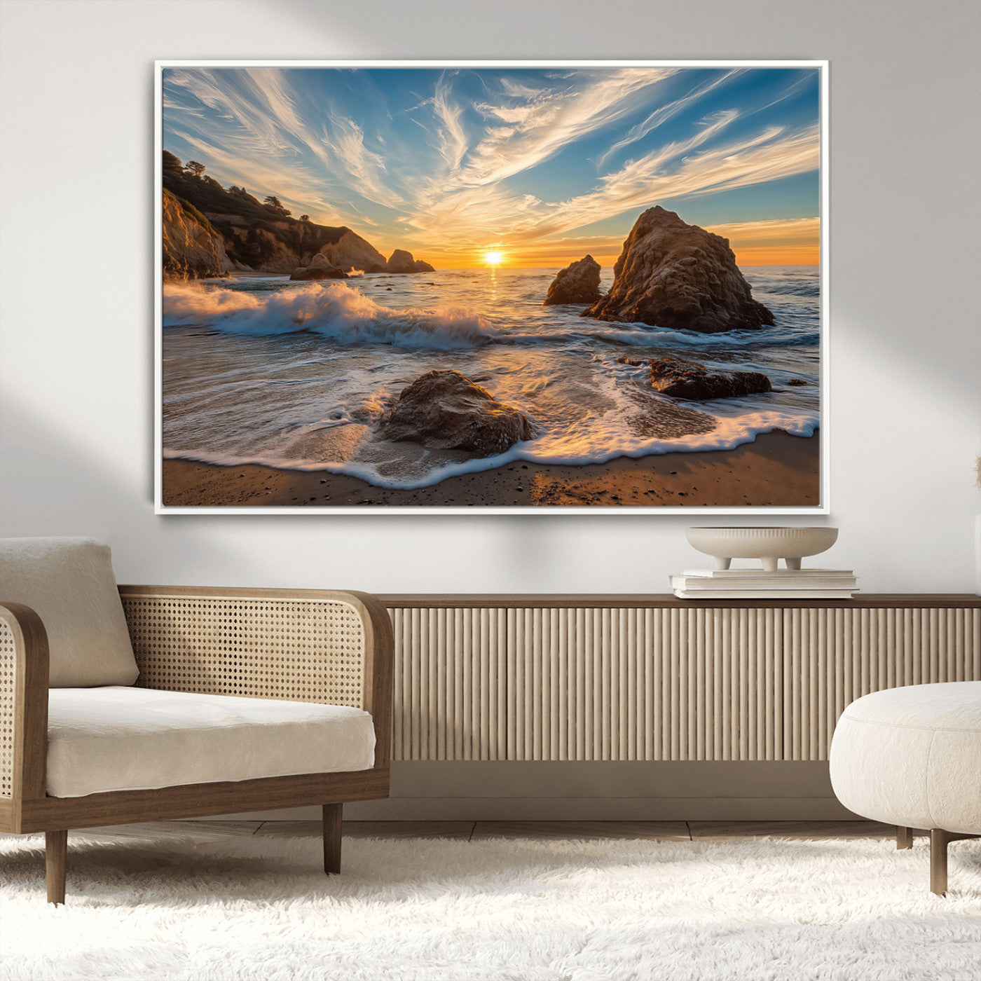 85659923-MGV-FC-36X24_White-Rocky Ocean Sunset Canvas Wall Art – Seaside Dramatic Seascape Print, Coastal Modern Decor, Ocean Sunset Art for Living Room or