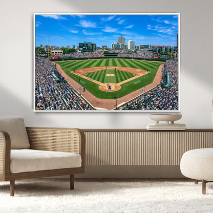 56213978-MGV-CV-36X24-Baseball Stadium Wall Art – Panoramic Ballpark Canvas Print with Fans, Green Field and City Skyline, Classic Sports Photography