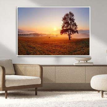 57919623-MGV-FC-36X24_White-Golden Sunrise Landscape Canvas Wall Art - Framed Misty Field Print, Large Nature Canvas for Living Room, Office, or Home Decor