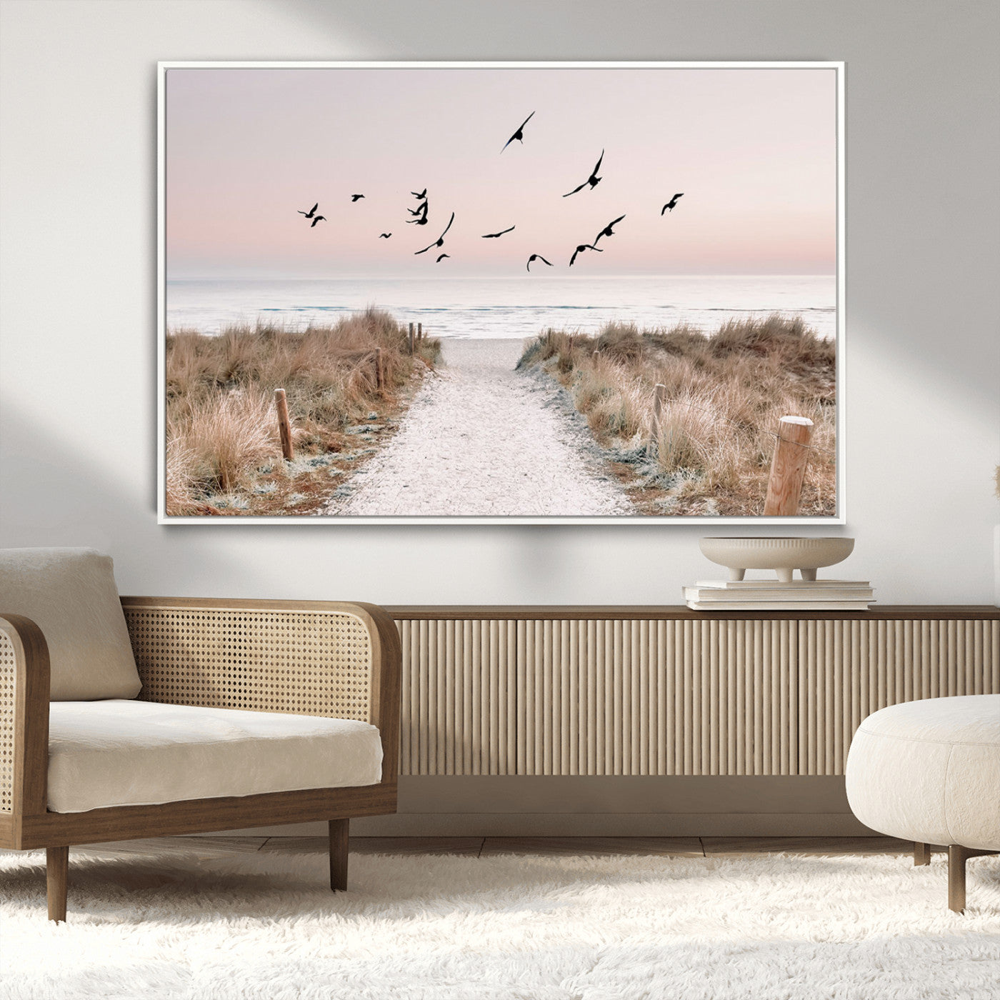 34632598-MGV-FC-36X24_White-Coastal Pathway Canvas Wall Art – Framed Seaside Landscape, Large Beach and Birds Canvas Print for Home, Office, or Living Room